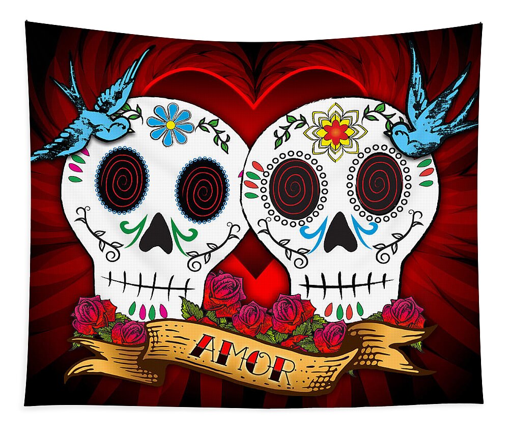 Love Tapestry featuring the digital art Love Skulls by Tammy Wetzel
