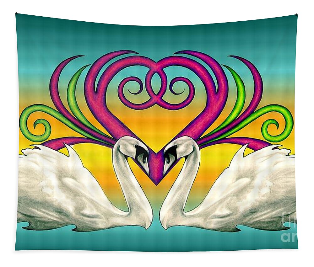 Swan Tapestry featuring the drawing Loving Souls by Sheryl Unwin