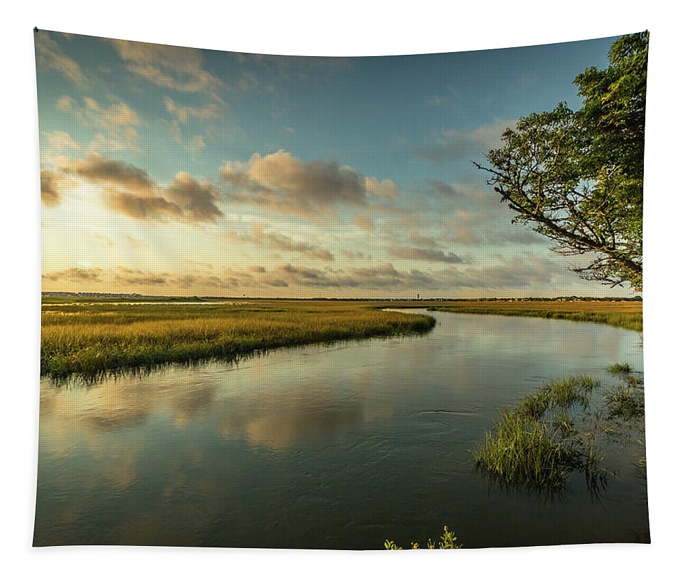 Lowcountry Tapestry featuring the photograph Pitt Street Bridge Creek Sunrise by Donnie Whitaker