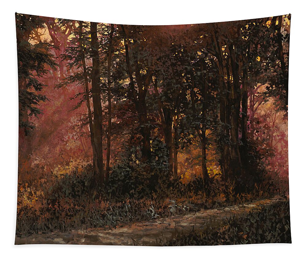 Wood Tapestry featuring the painting Luci Rosa Nel Bosco by Guido Borelli
