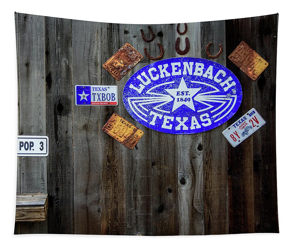 Luckenbach Texas Signs Tapestry featuring the photograph Luckenbach Texas Signs, Tags and Horseshoes by Debra Martz