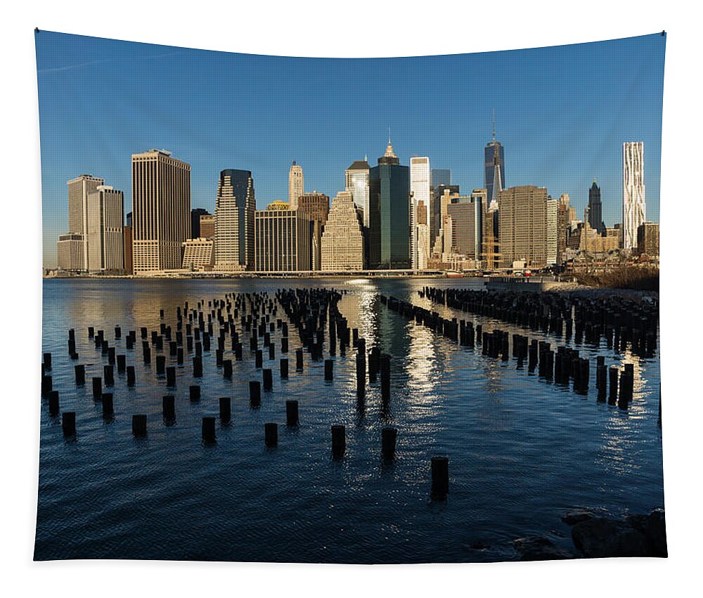 Silver And Gold Tapestry featuring the photograph Luminous Blue Silver and Gold - Manhattan Skyline and East River by Georgia Mizuleva