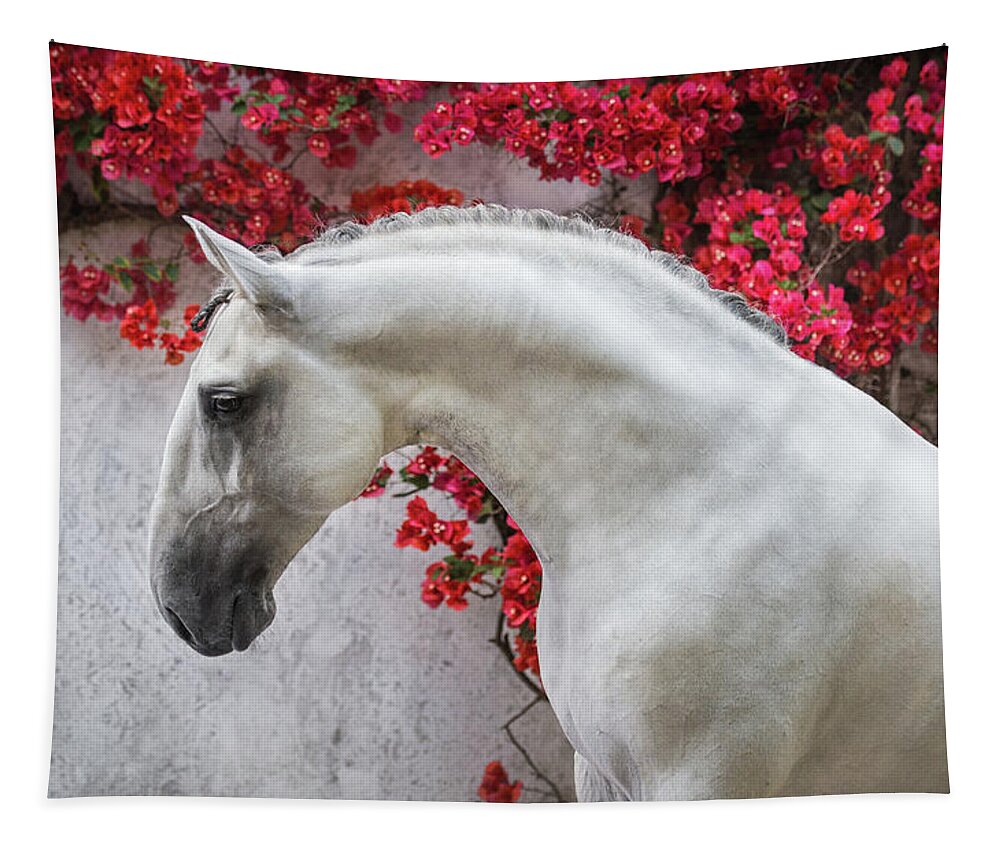 Russian Artists New Wave Tapestry featuring the photograph Lusitano Portrait in Red Flowers by Ekaterina Druz