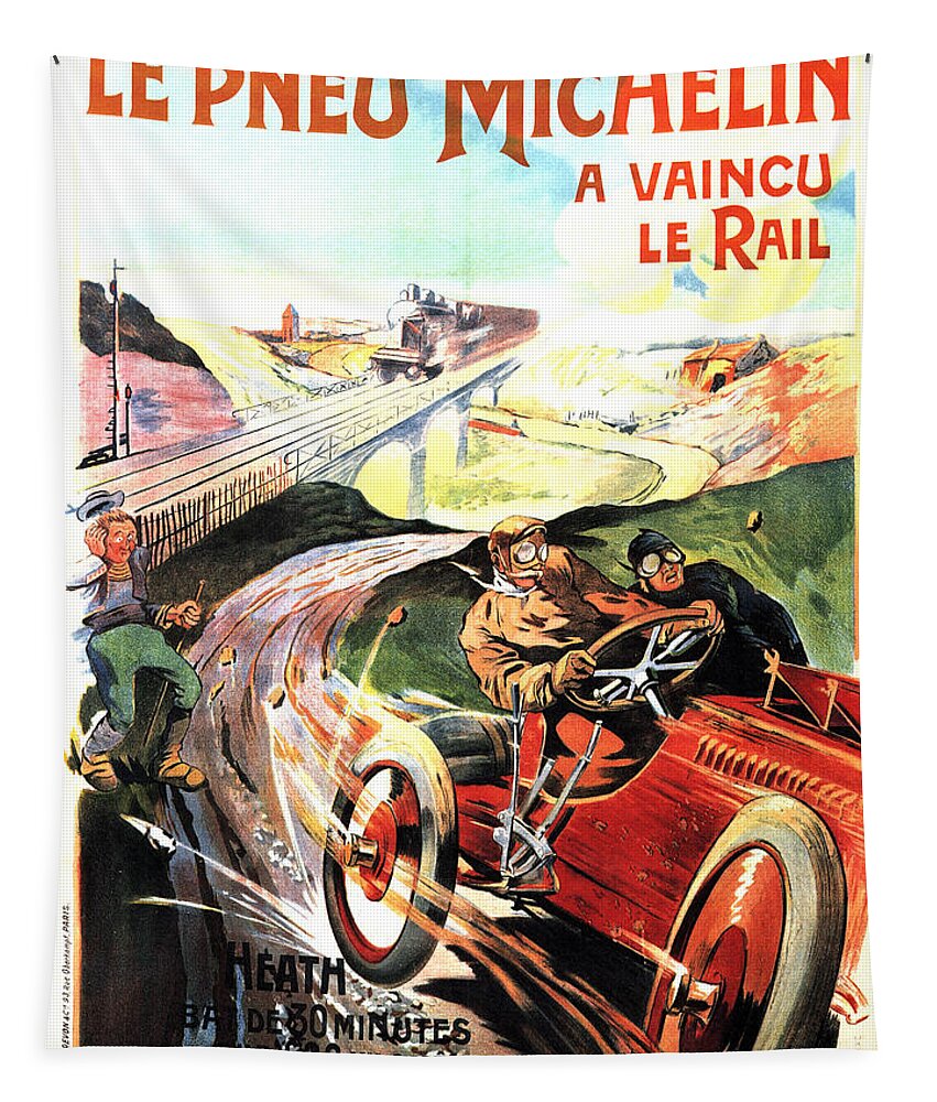 Vintage Tapestry featuring the mixed media Lw Pneu Michelin A Vaincu Le Rail - Vintage Tyre Advertising Poster by Studio Grafiikka