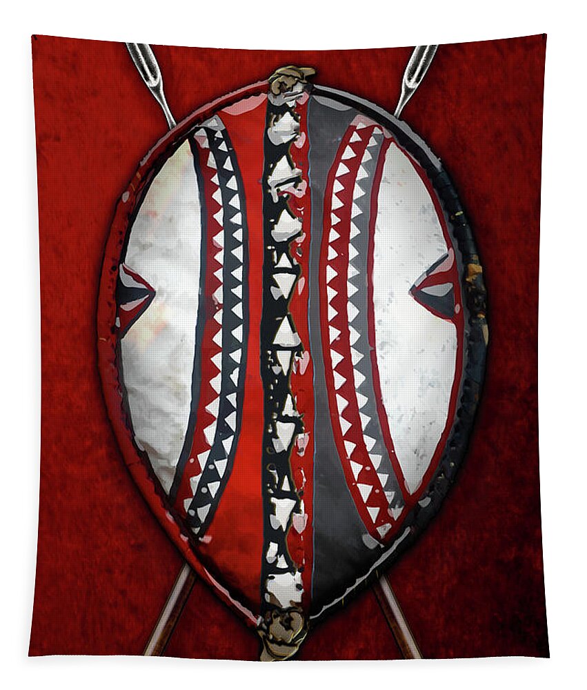 'war Shields' Collection By Serge Averbukh Tapestry featuring the digital art Maasai War Shield with Spears on Red Velvet by Serge Averbukh