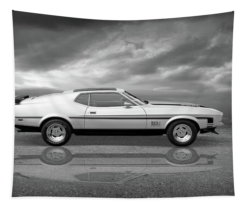 Ford Mustang Tapestry featuring the photograph Mach 1 Mustang Reflections in Black and White by Gill Billington