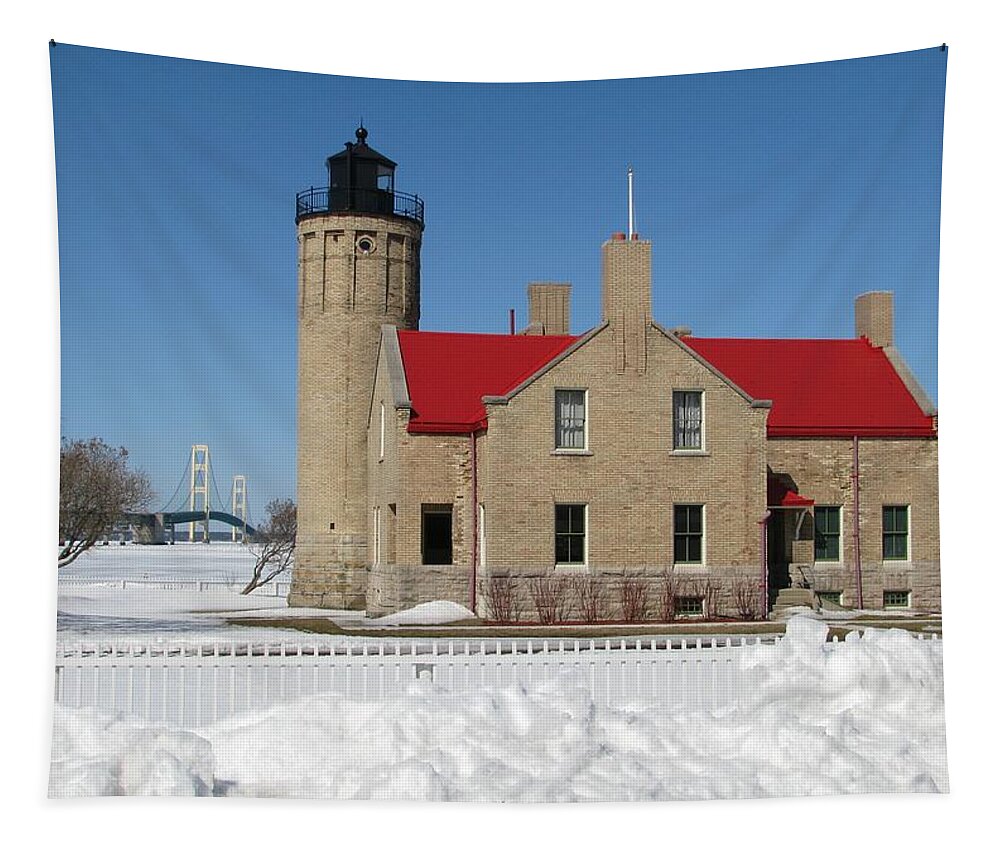 Old Mackinac Point Tapestry featuring the photograph Mackinac Bridge and Light by Keith Stokes