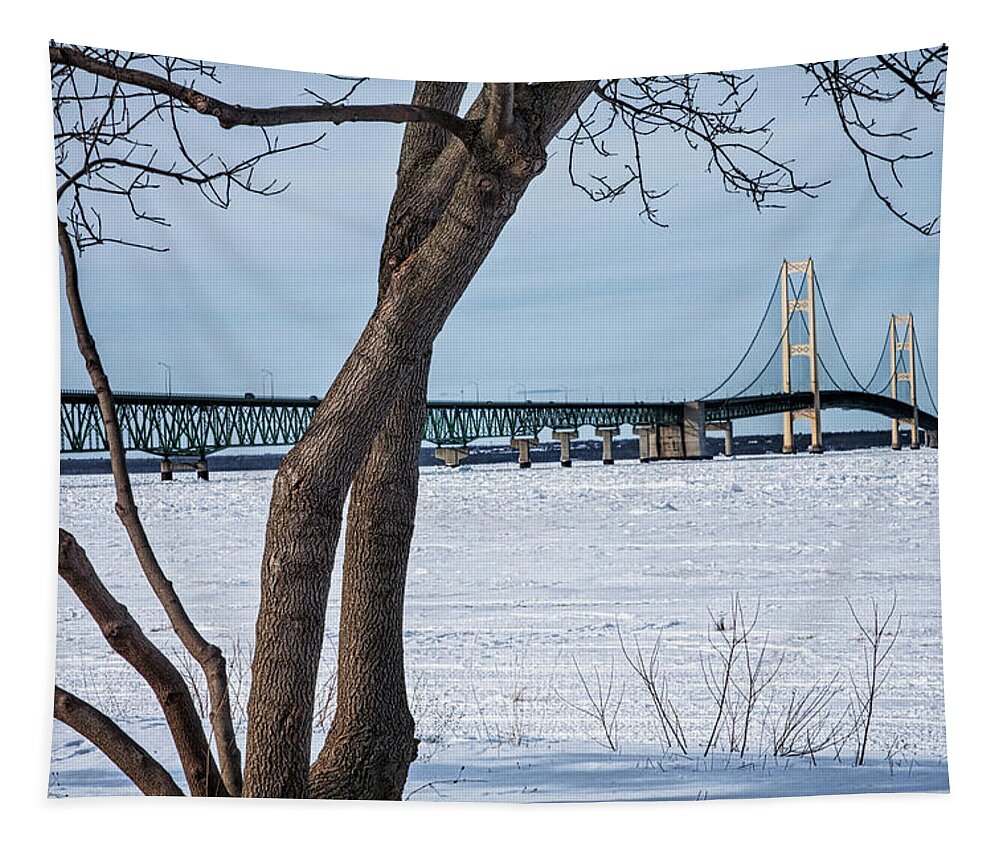 Art Tapestry featuring the photograph Mackinaw Bridge by the Straits of Mackinac in Winter by Randall Nyhof