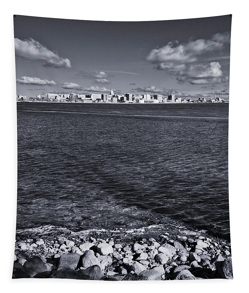 Madison Tapestry featuring the photograph Madison Skyline - Black and White by Steven Ralser