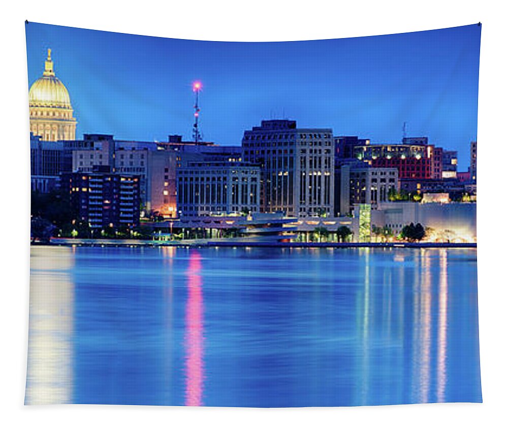 Capitol Tapestry featuring the photograph Madison Skyline Reflection by Sebastian Musial