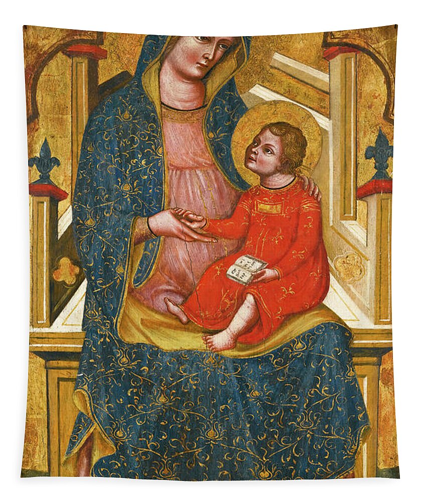 Master Of The Pesaro Crucifix Tapestry featuring the painting Madonna and Child enthroned by Master of the Pesaro Crucifix
