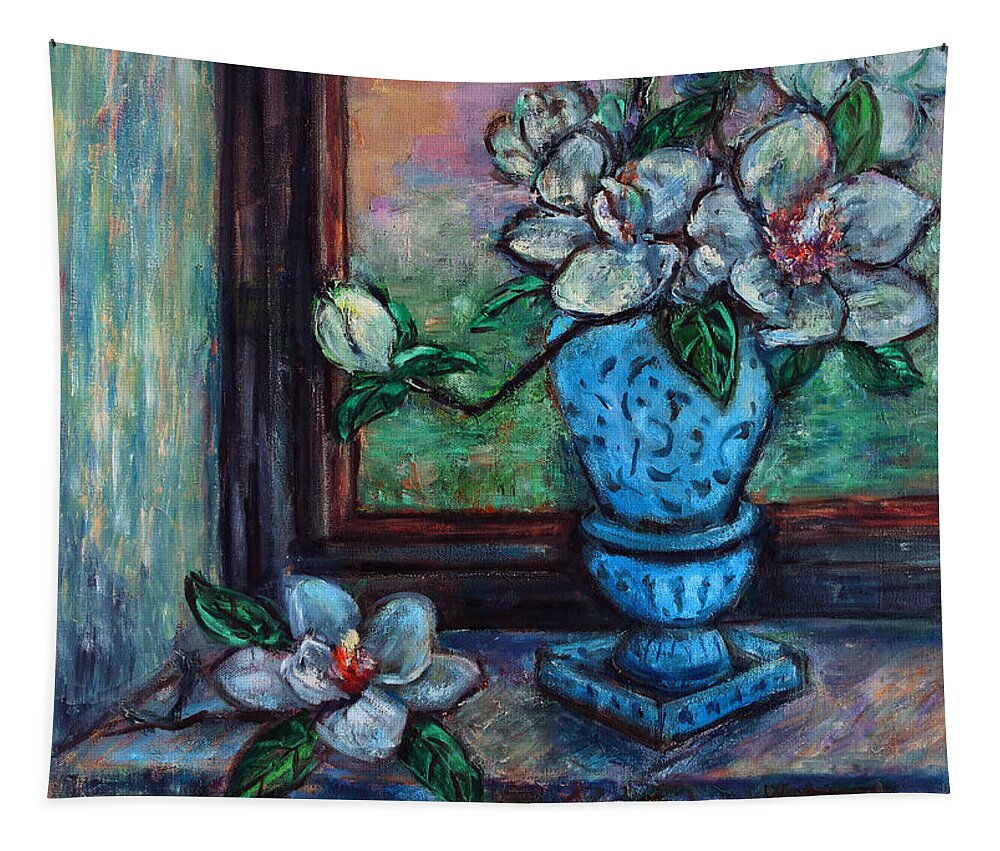 Magnolias Tapestry featuring the painting Magnolias in a Blue Vase by the Window by Xueling Zou