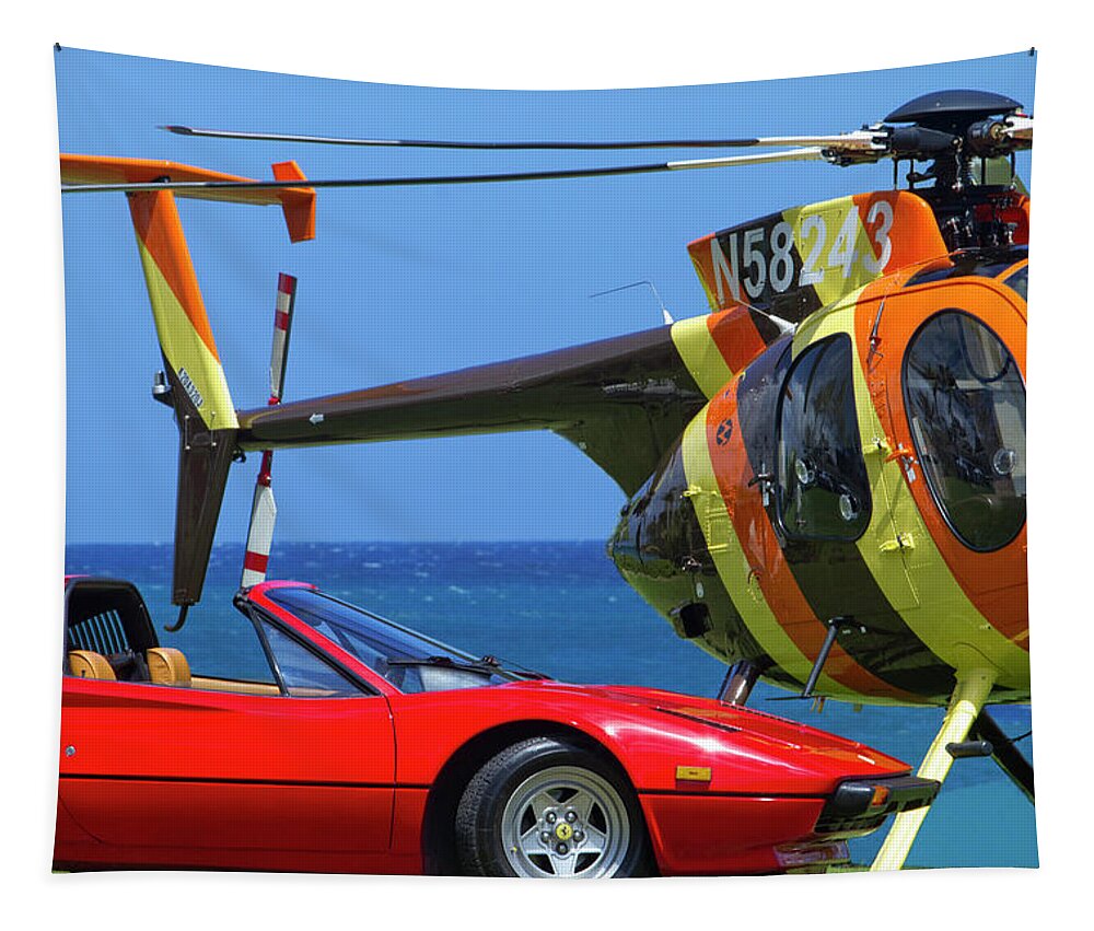  Magnum Pi Tapestry featuring the photograph Magnum Helicopter and Ferrari by Sean Davey