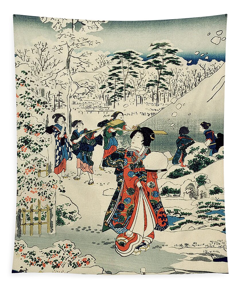 Maids In A Snow-covered Garden Tapestry featuring the painting Maids in a snow covered garden by Hiroshige