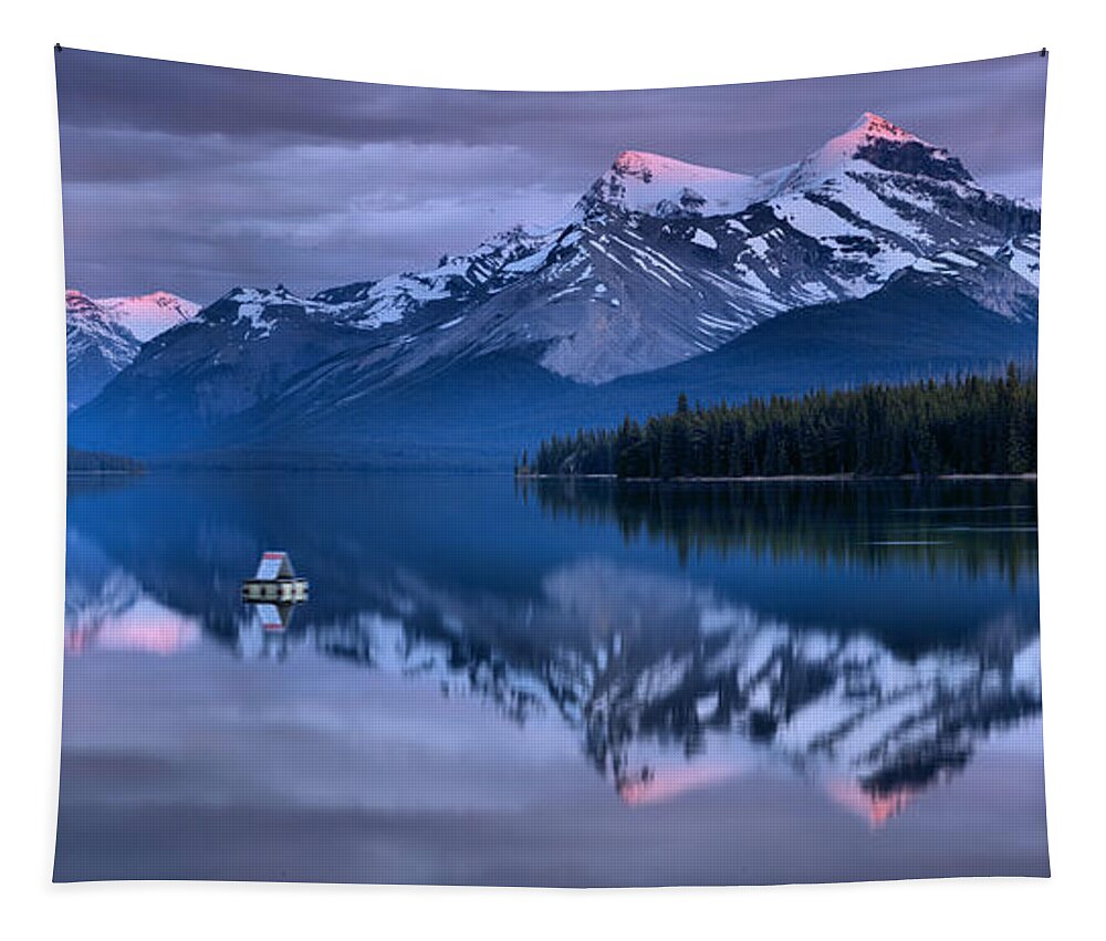 Maligne Lake Tapestry featuring the photograph Maligne Lake Purple And Pink by Adam Jewell