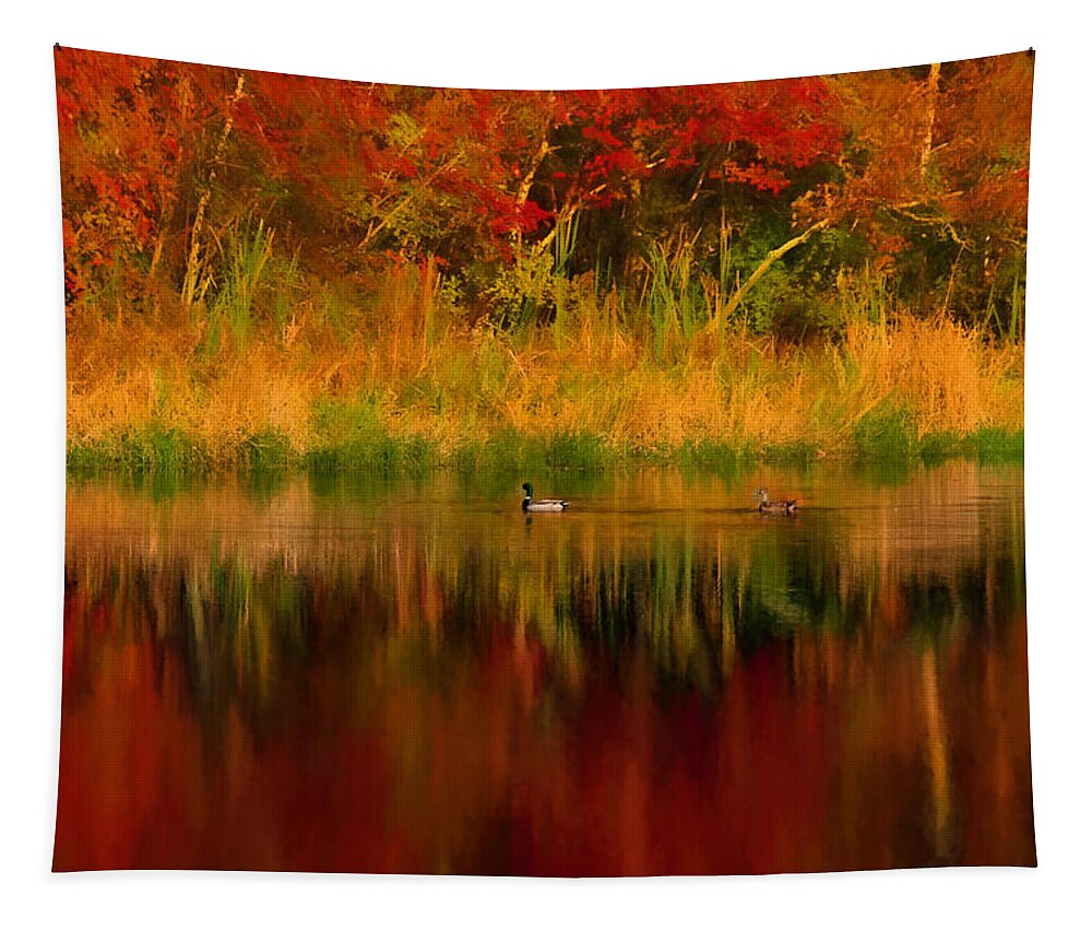 #jefffolger Tapestry featuring the photograph Mallards through reflection of fall colors by Jeff Folger