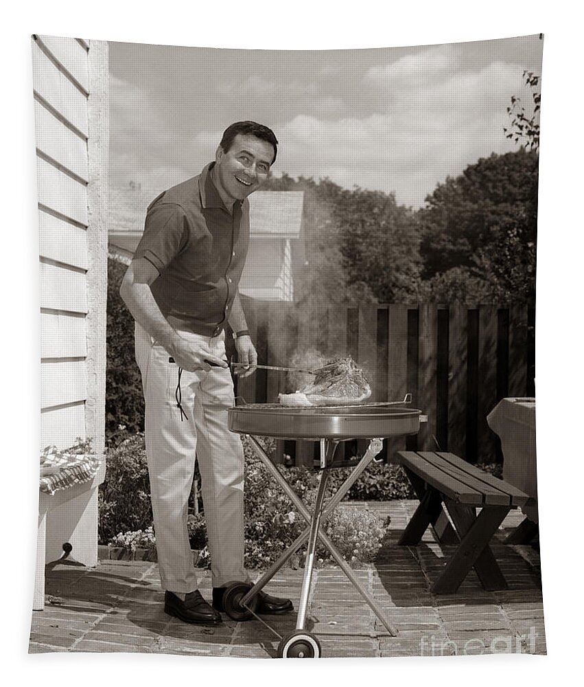 1960s Tapestry featuring the photograph Man Grilling In Backyard, C.1960s by H. Armstrong Roberts/ClassicStock