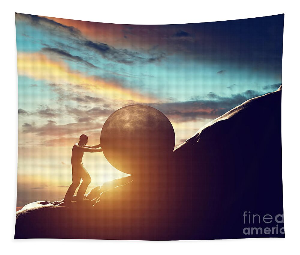 Sisyphus Tapestry featuring the photograph Man rolling huge concrete ball up hill by Michal Bednarek