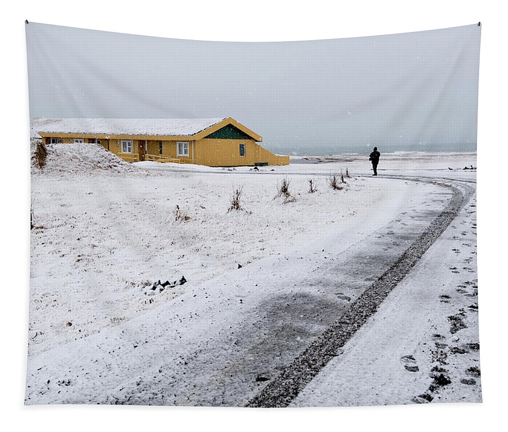 Iceland Tapestry featuring the photograph Man walking in snow Iceland by Michalakis Ppalis