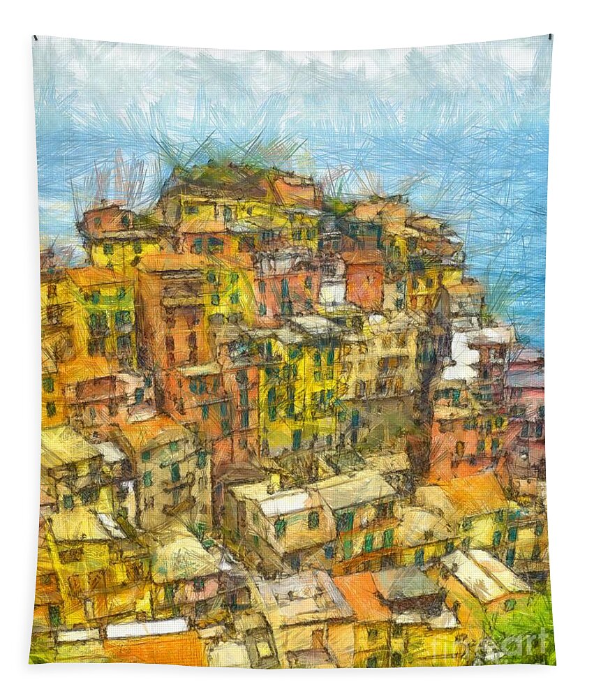 Cinque Tapestry featuring the photograph Manarola Cinque Terra City Pencil by Edward Fielding