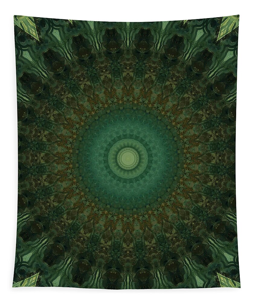 Mandala Tapestry featuring the photograph Mandala in brown and green tones by Jaroslaw Blaminsky