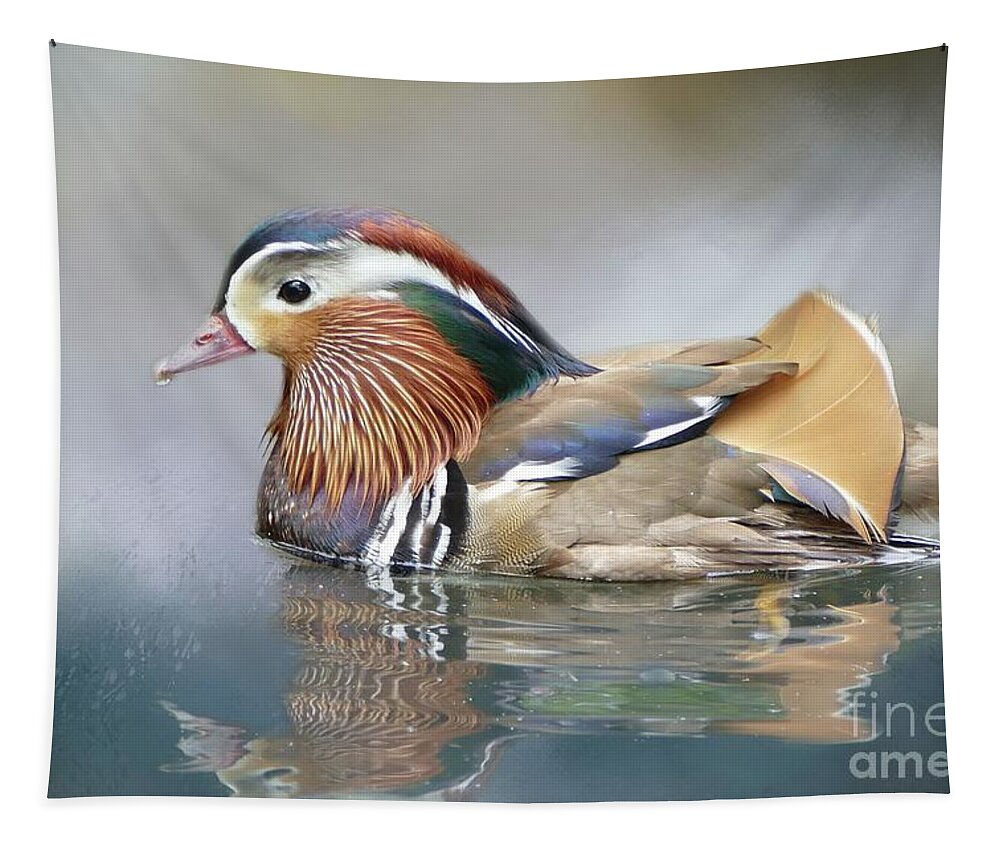 Mandarin Duck Tapestry featuring the photograph Mandarin Duck Swimming by Eva Lechner