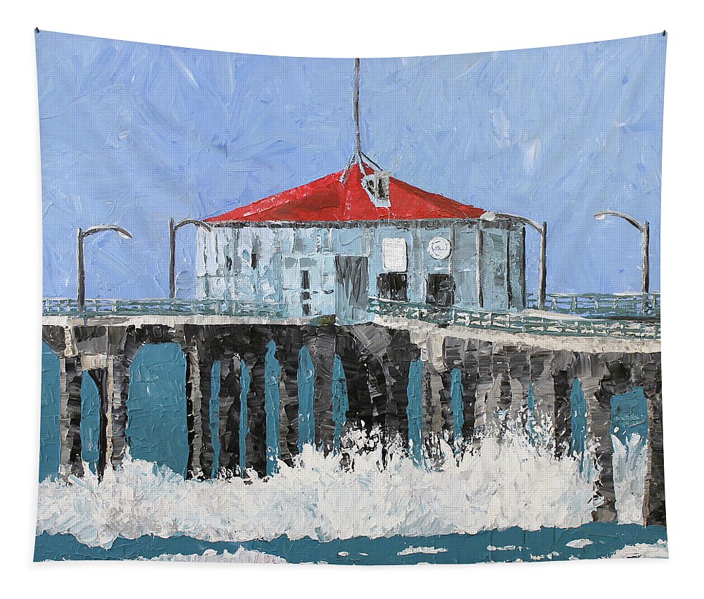 Manhattan Beach Pier Tapestry featuring the painting Manhattan Beach Pier by Lance Headlee