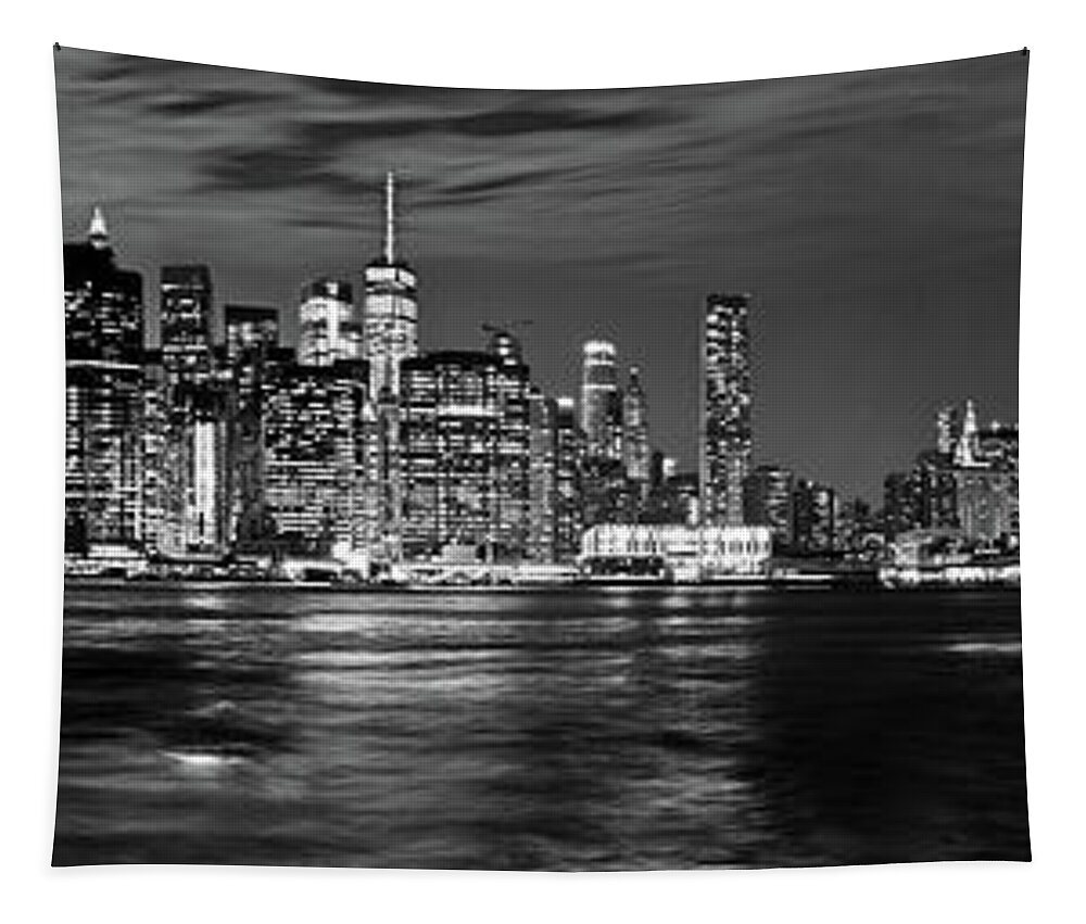 America Tapestry featuring the photograph Manhattan Skyline at Dusk from Broklyn Bridge Park in black and by Carlos Alkmin