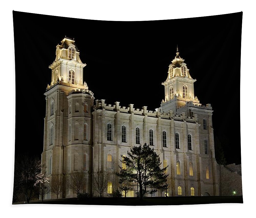 Historical Buiding Tapestry featuring the photograph Manti Temple Night by David Andersen
