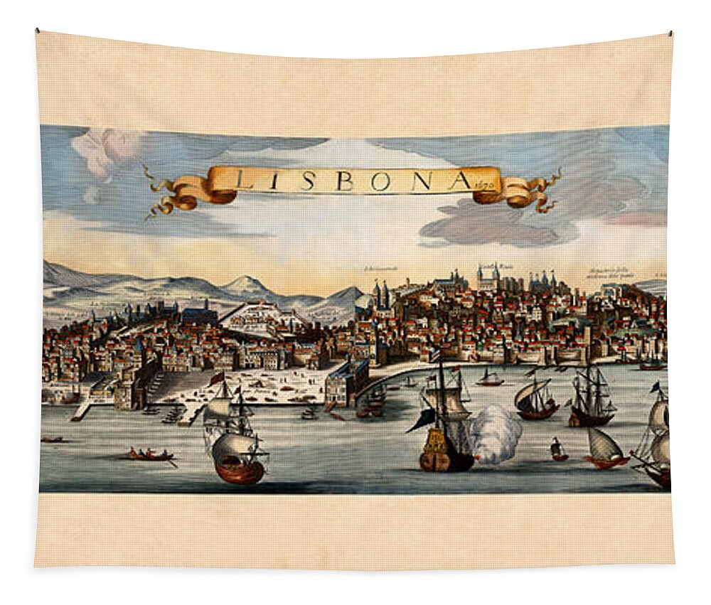 Lisbon Tapestry featuring the photograph Map Of Lisbon 1670 by Andrew Fare