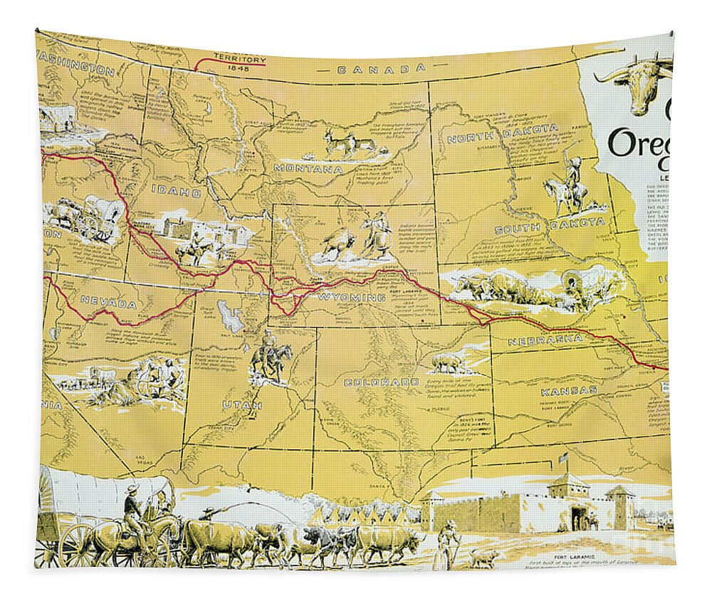 Oregon Trail Tapestry featuring the drawing Map of the Old Oregon Trail by American School