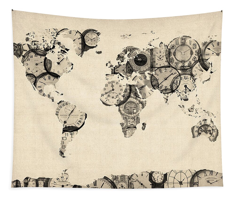 World Map Tapestry featuring the digital art Map of the World Map from Old Clocks by Michael Tompsett