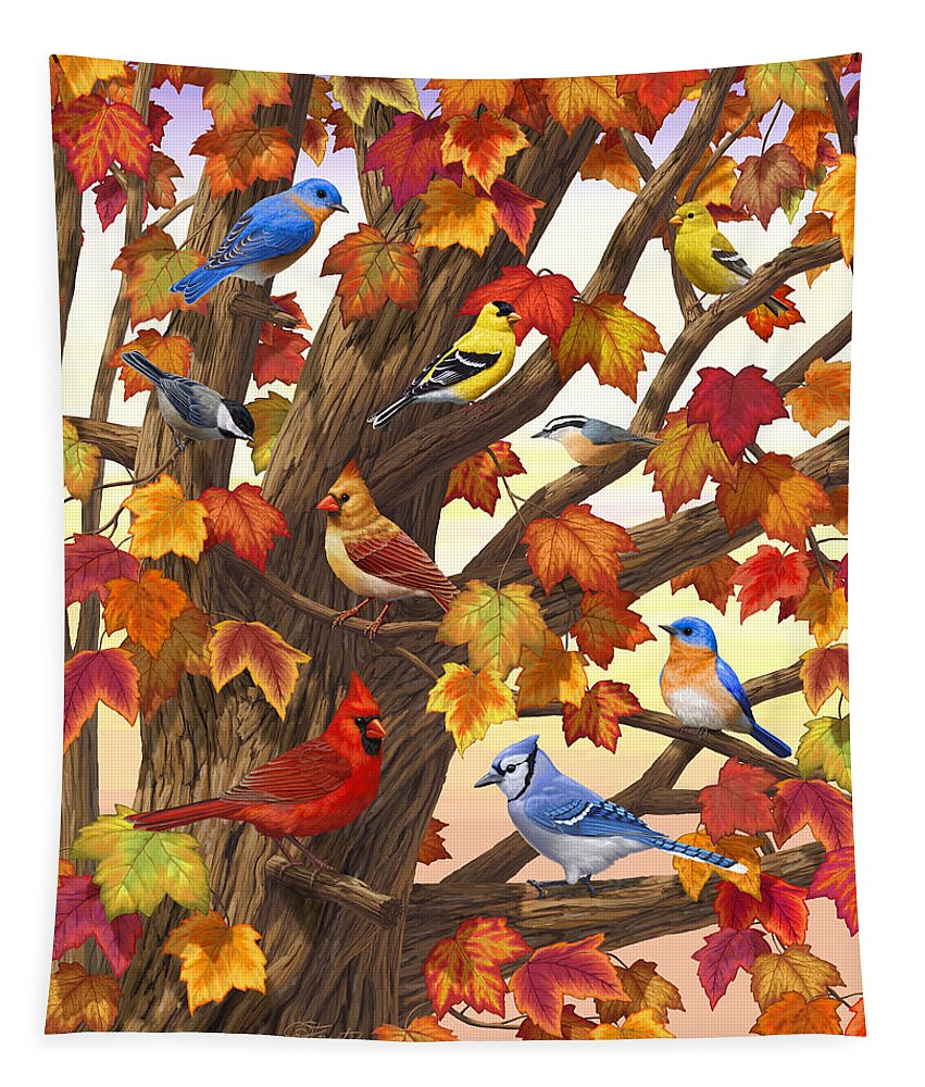 Bird Tapestry featuring the painting Maple Tree Marvel - Bird Painting by Crista Forest