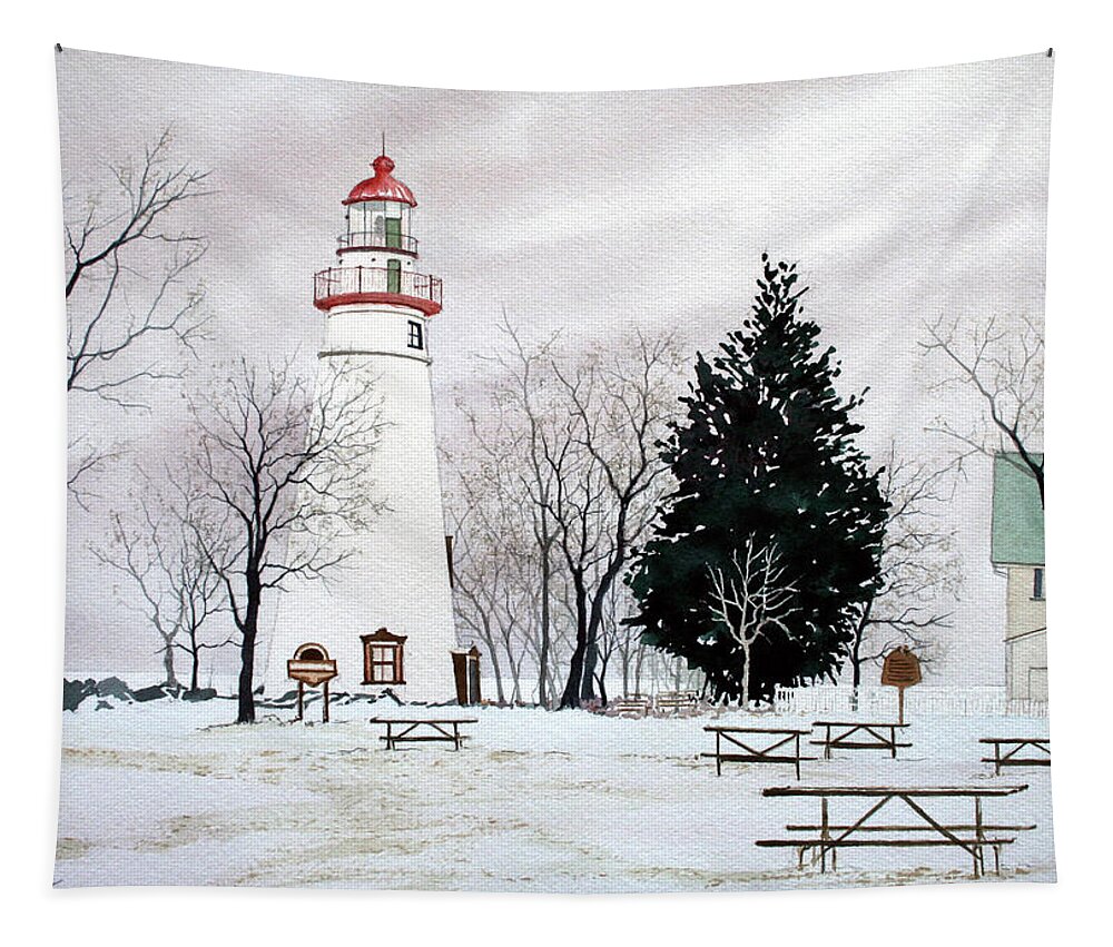 Marblehead Lighthouse Tapestry featuring the painting Marblehead Light in Winter by Jim Gerkin