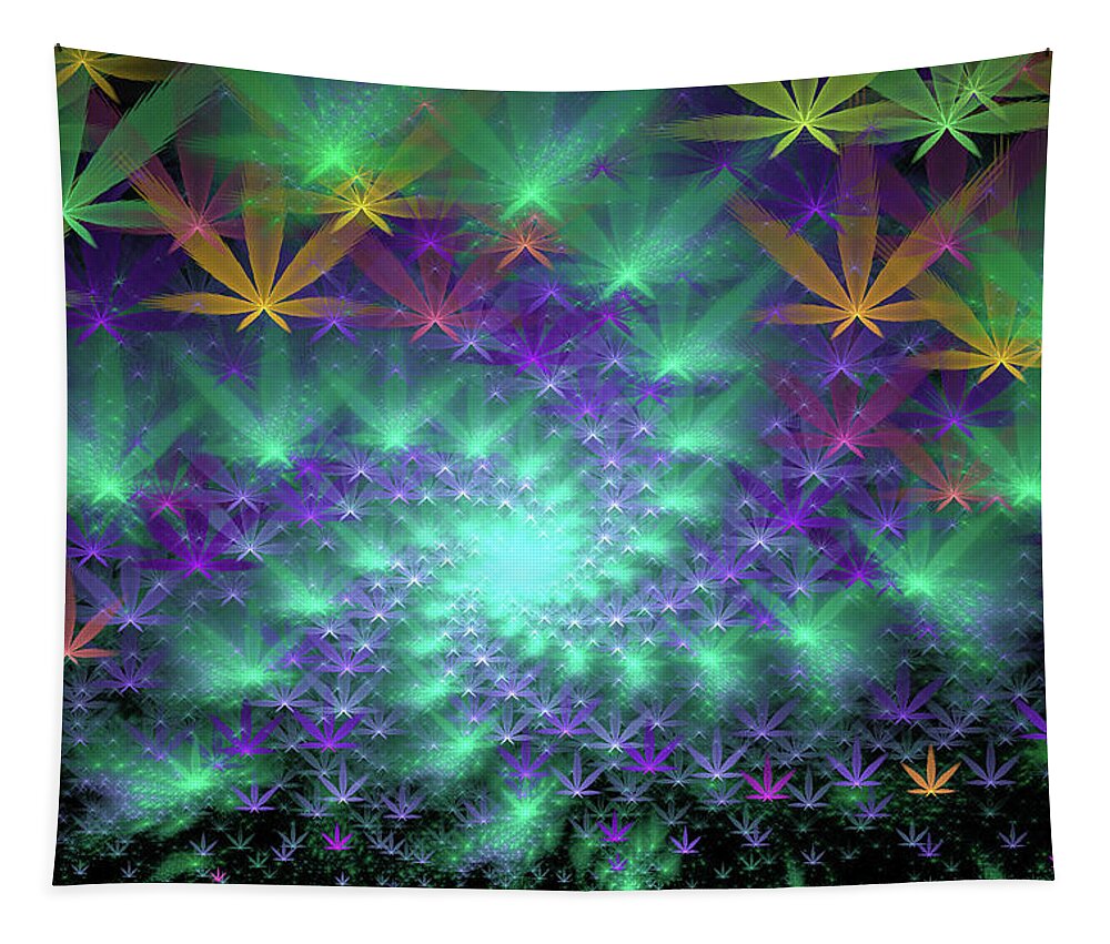 Weed Tapestry featuring the digital art Marijuana art colorful fractal spiral green purple orange by Matthias Hauser