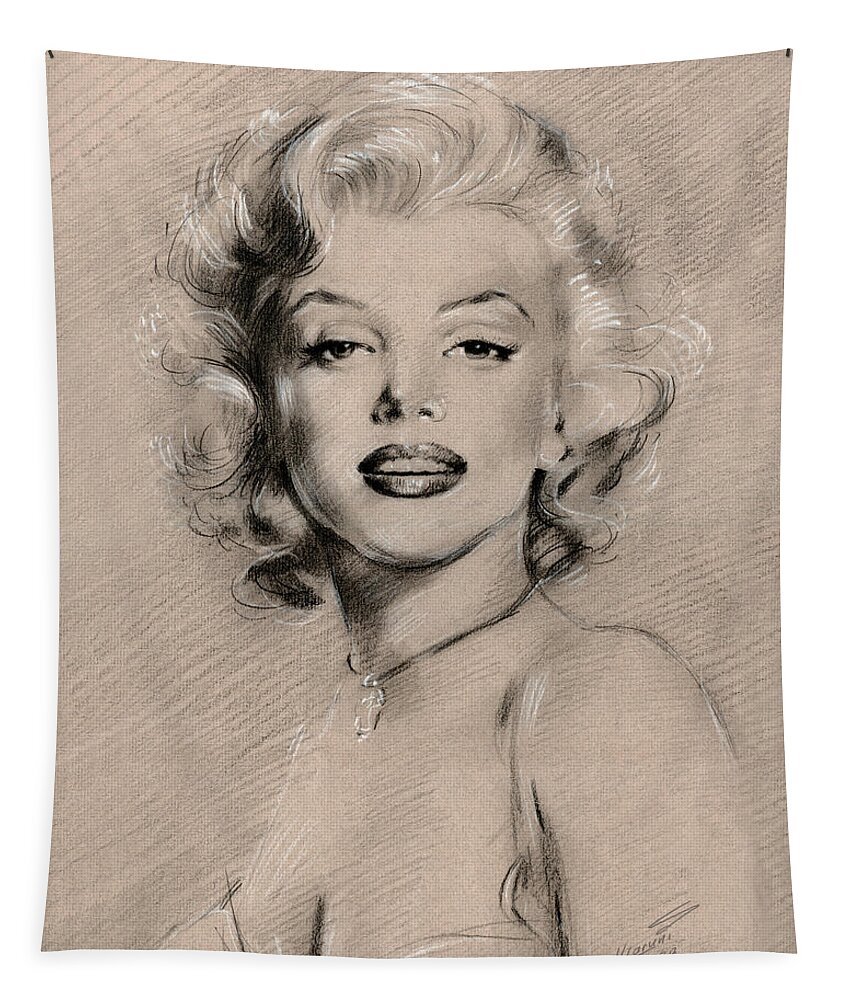Marilyn Monroe Art Tapestry featuring the drawing Marilyn Monroe by Ylli Haruni