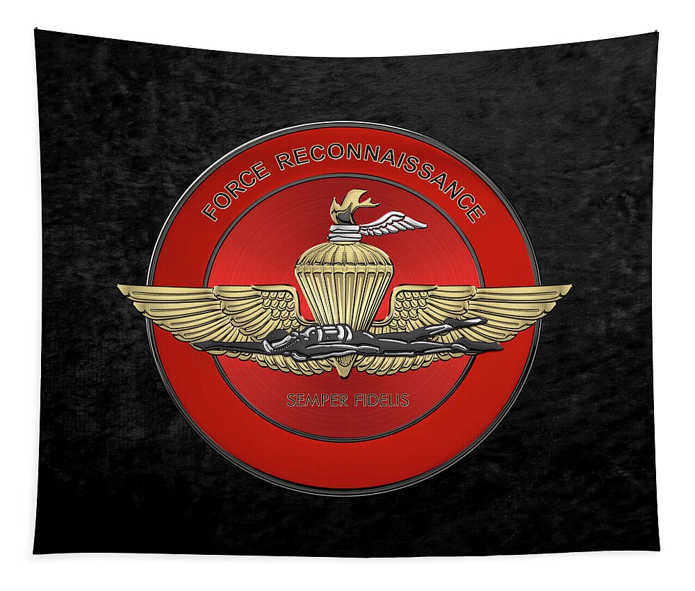 'military Insignia & Heraldry' Collection By Serge Averbukh Tapestry featuring the digital art Marine Force Reconnaissance - U S M C  F O R E C O N Insignia over Black Velvet by Serge Averbukh