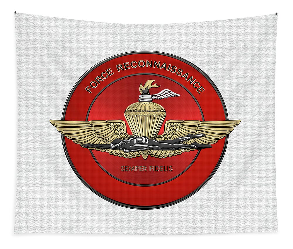 'military Insignia & Heraldry' Collection By Serge Averbukh Tapestry featuring the digital art Marine Force Reconnaissance - U S M C  F O R E C O N Insignia over White Leather by Serge Averbukh