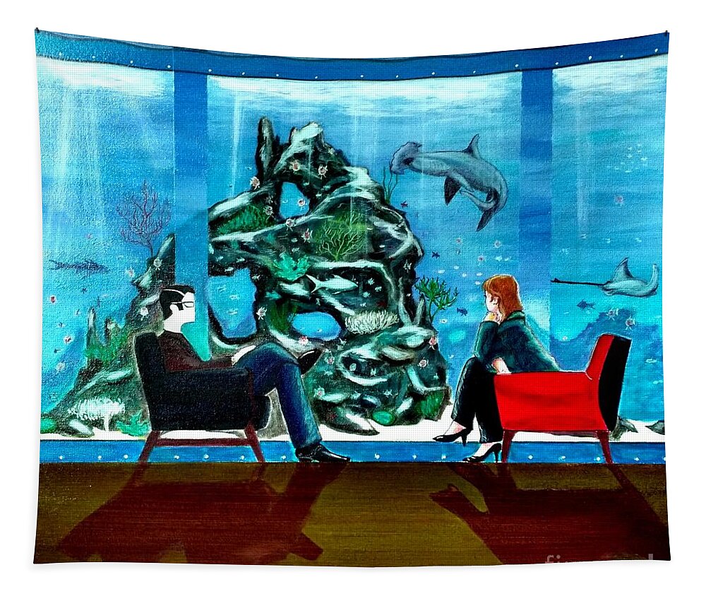 Johnlyes Tapestry featuring the painting Marinelife Observing Couple Sitting in Chairs by John Lyes