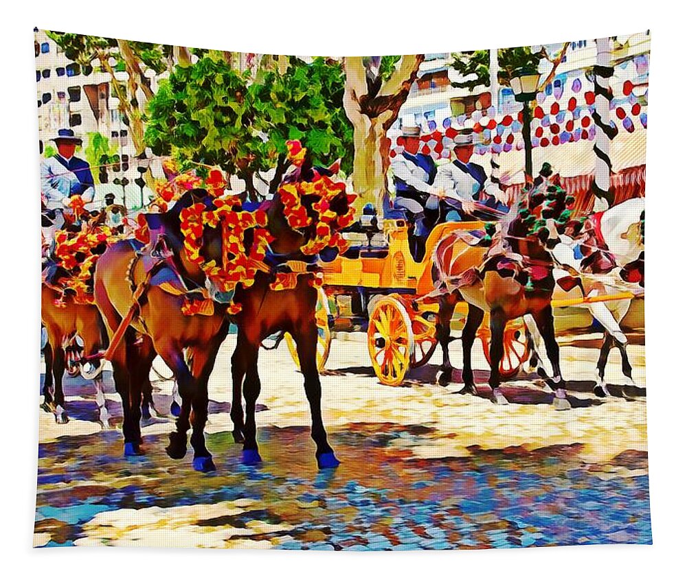 May Day Fair Tapestry featuring the mixed media May Day Fair in Sevilla, Spain by Tatiana Travelways