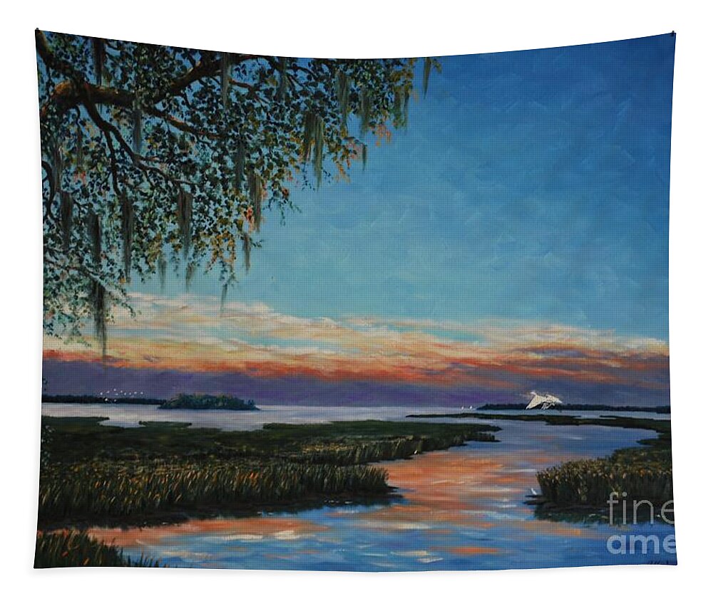 Sunset Tapestry featuring the painting May River Sunset by Stanton Allaben