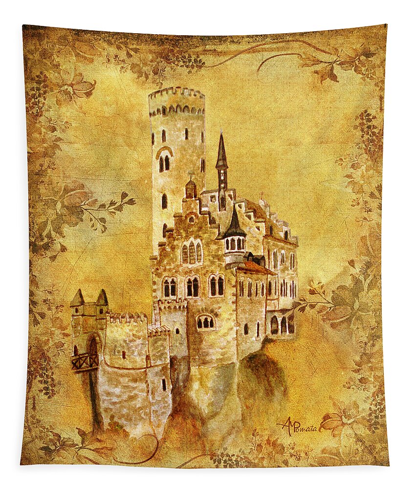 Castles Tapestry featuring the painting Medieval Golden Castle by Angeles M Pomata