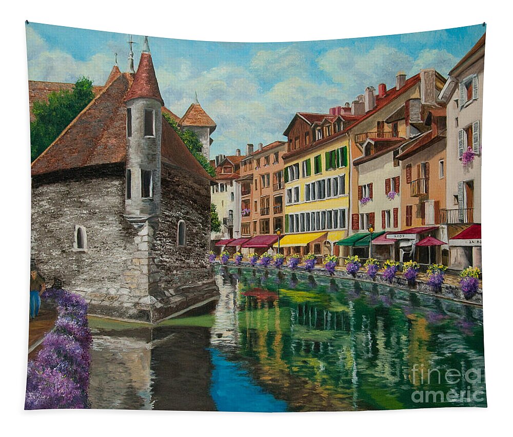 Annecy France Art Tapestry featuring the painting Medieval Jail in Annecy by Charlotte Blanchard