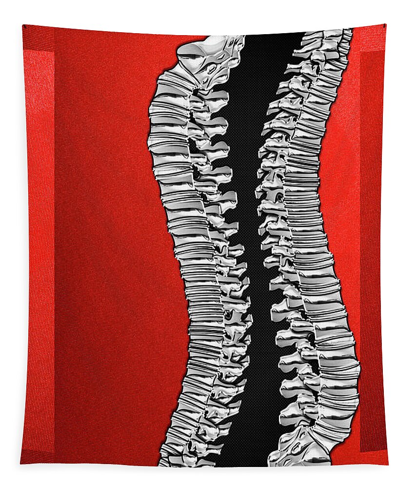 ‘memento Mori’ Collection By Serge Averbukh Tapestry featuring the digital art Memento Mori - Two Sets of Silver Human Backbones over Red and Black by Serge Averbukh