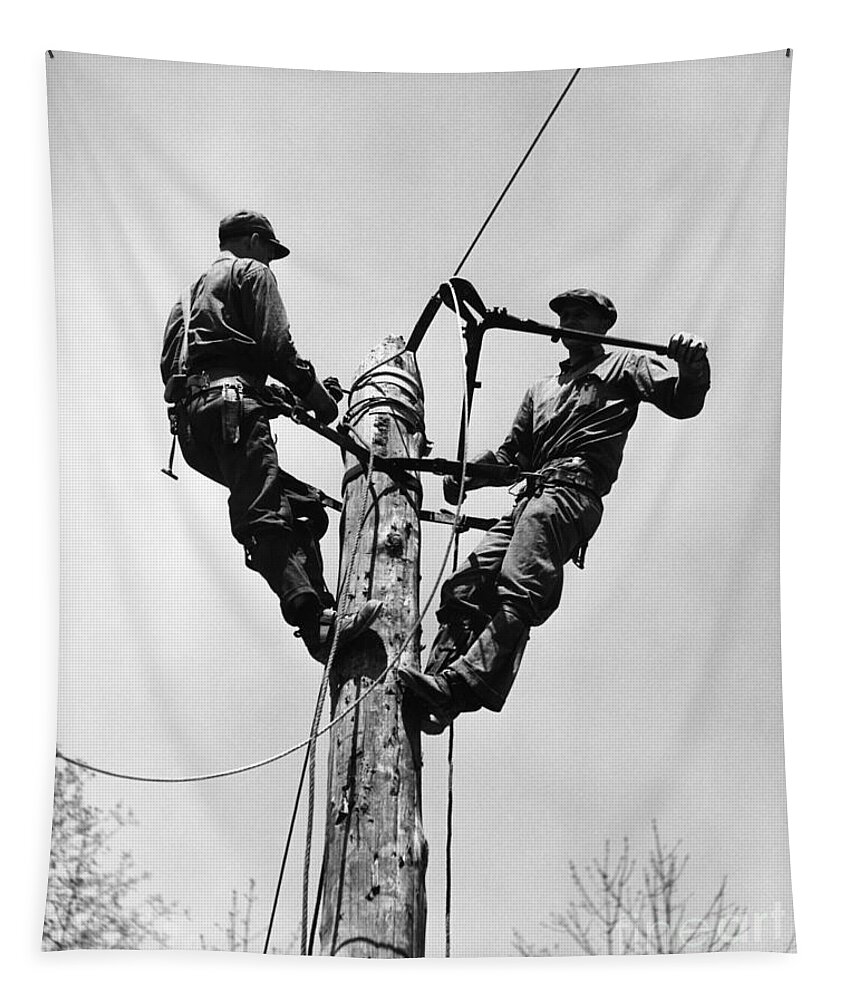1930s Tapestry featuring the photograph Men Working On Power Line, C.1930-40s by H. Armstrong Roberts/ClassicStock