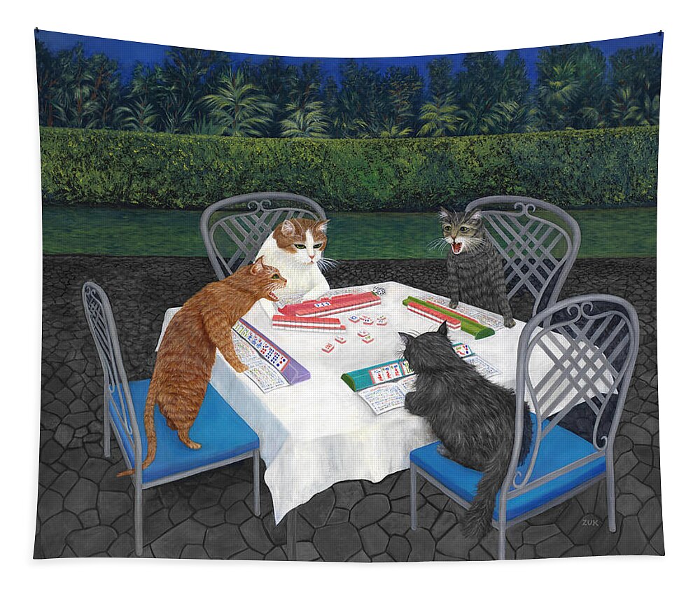 Cat Art Tapestry featuring the painting Meowjongg - Cats playing Mahjongg by Karen Zuk Rosenblatt