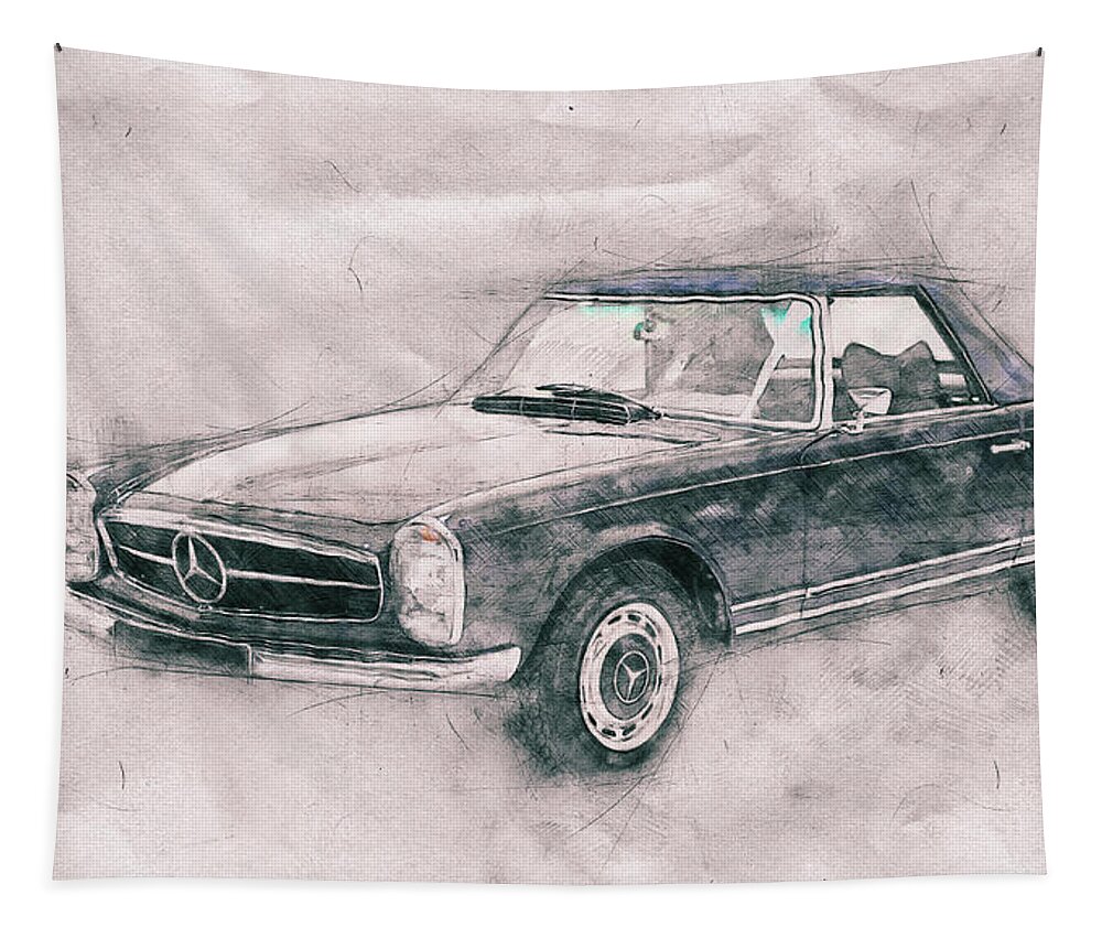 Mercedes Benz 280sl Tapestry featuring the mixed media Mercedes-Benz 280SL Roadster 1 - 1967 - Automotive Art - Car Posters by Studio Grafiikka