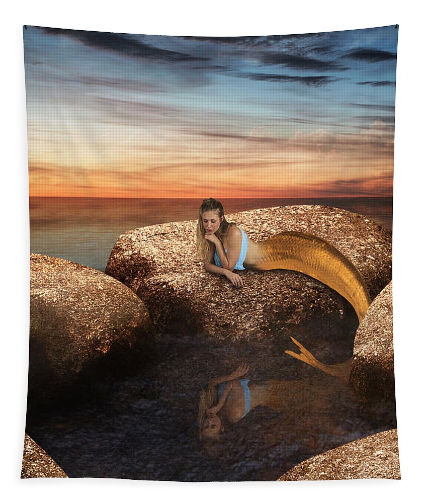 Clayton Tapestry featuring the digital art Mermaid by the rock pool by Clayton Bastiani