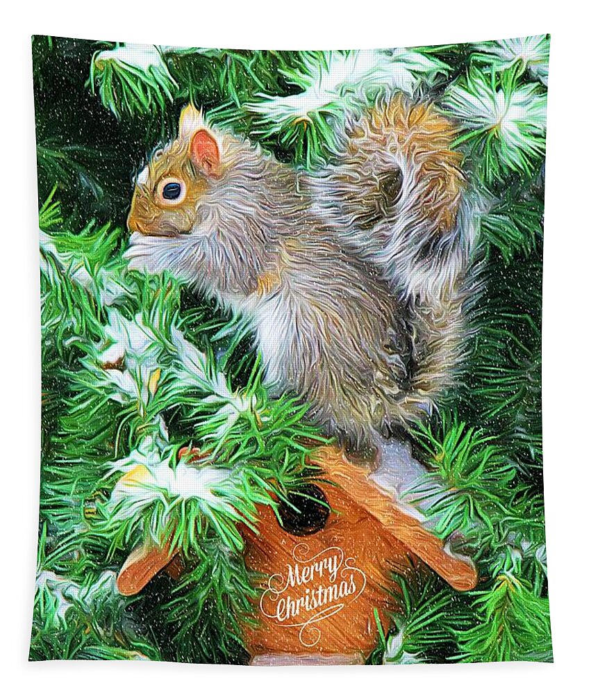 Squirrel Tapestry featuring the photograph Merry Christmas Squirrel by Tina LeCour