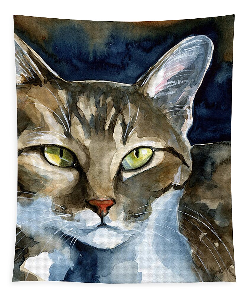 Mesmerizing Tapestry featuring the painting Mesmerizing Eyes - Tabby Cat Painting by Dora Hathazi Mendes